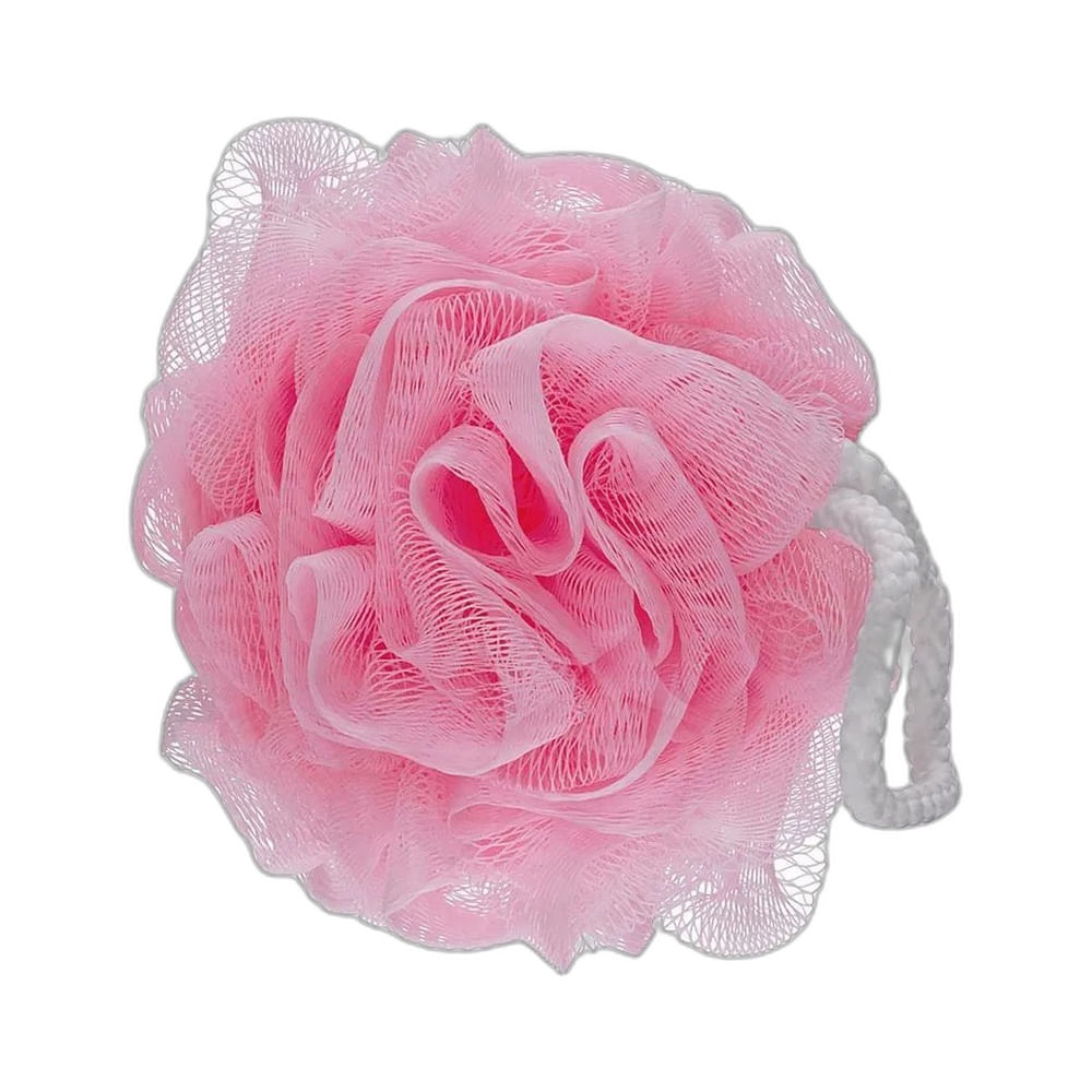 Esponja de banho Condor rosa clara com cordão branco em fundo branco